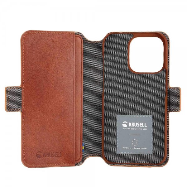 Krusell iPhone 14 Pro -suojakuori, nahkainen PhoneWallet, konjakinruskea