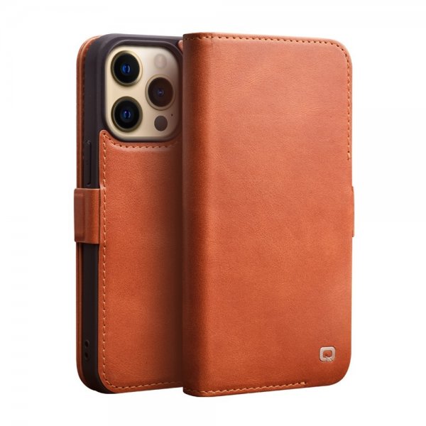 Qialino iPhone 14 Pro Max -kotelo, aitoa nahkaa, ruskea