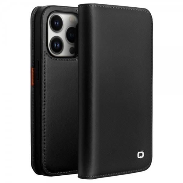 Qialino iPhone 14 Pro Max Kotelo, aitoa nahkaa, musta