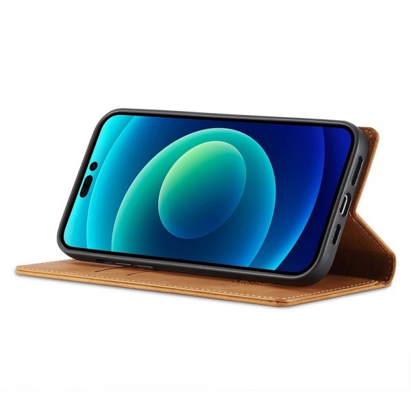 Lc.Imeeke iPhone 14 Pro Max -suojakuori korttipaikalla, läppämalli, ruskea