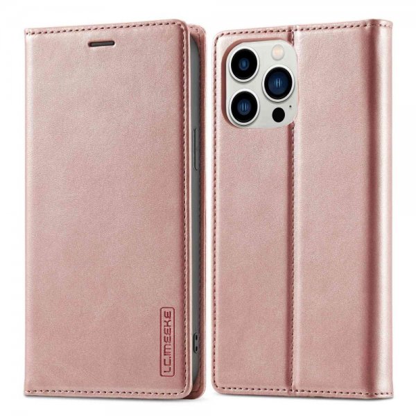 Lc.Imeeke iPhone 14 Pro Max -suojakuori korttipaikalla, läppäkotelo, vaaleanpunainen