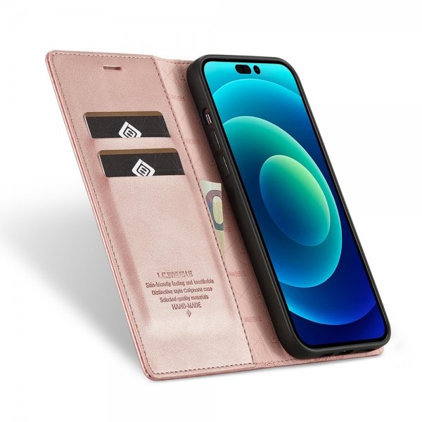 Lc.Imeeke iPhone 14 Pro Max -suojakuori korttipaikalla, läppäkotelo, vaaleanpunainen