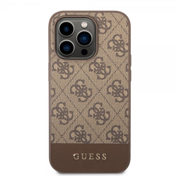 Guess iPhone 14 Pro Max Suojakuori Bottom Stripe Metal Logo Ruskea