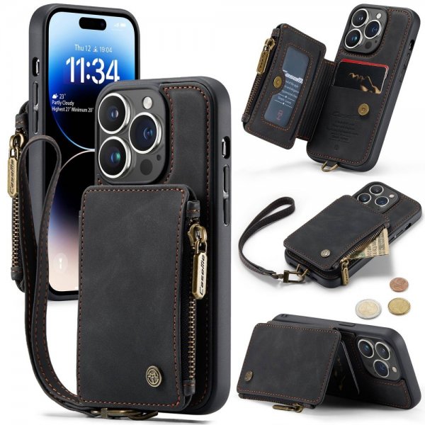 CaseMe iPhone 14 Pro Max Suojakuori C20 Korttipaikka Vetoketju Musta