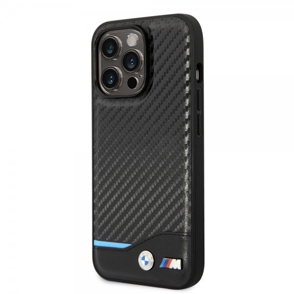 BMW iPhone 14 Pro Max Suojakuori Hiilikuitujäljitelmä Painettu Logo Musta
