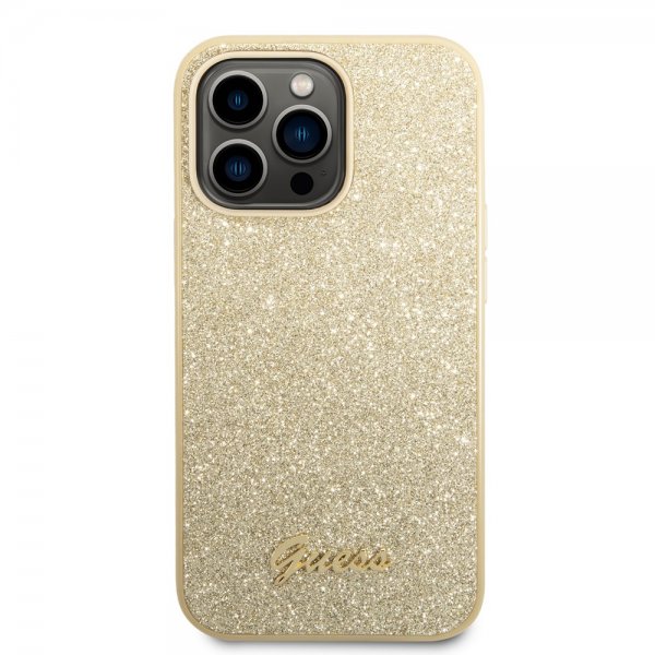Guess iPhone 14 Pro Max Suojakuori Glitter Flakes Metal Logo Kulta