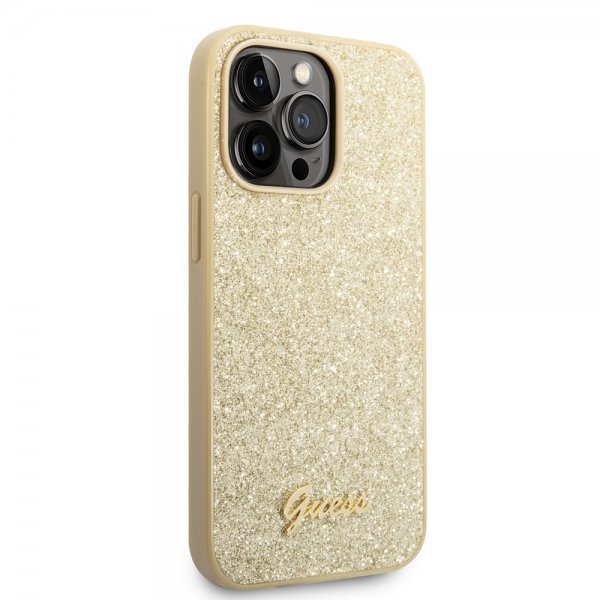 Guess iPhone 14 Pro Max Suojakuori Glitter Flakes Metal Logo Kulta