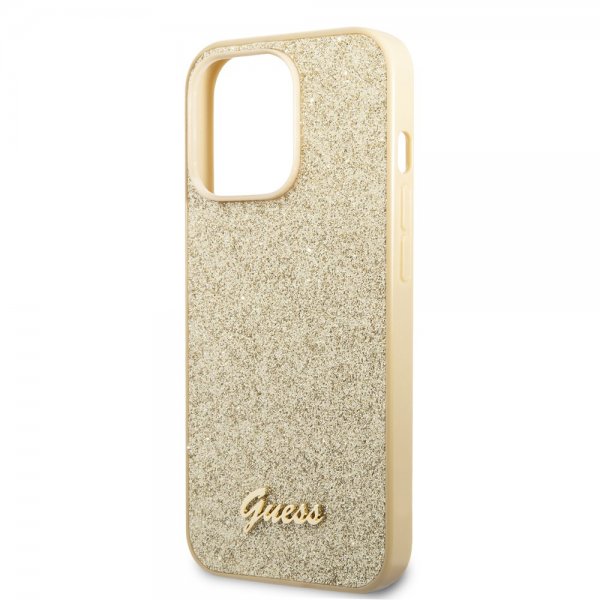Guess iPhone 14 Pro Max Suojakuori Glitter Flakes Metal Logo Kulta