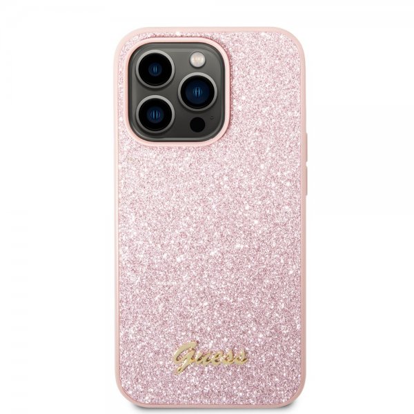 Guess iPhone 14 Pro Max Suojakuori Glitter Flakes Metal Logo Ruusukulta