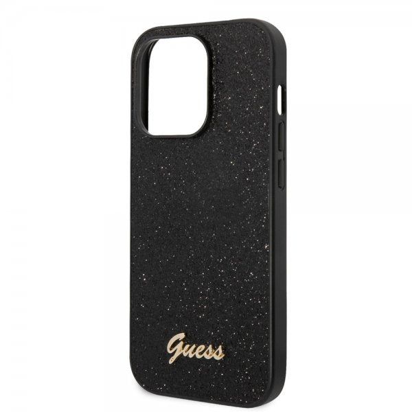Guess iPhone 14 Pro Max Suojakuori Glitterhiutaleita Metallilogo Musta