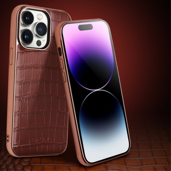 Qialino iPhone 14 Pro Max Suojakuori Krokotiilikuvio MagSafe Ruskea