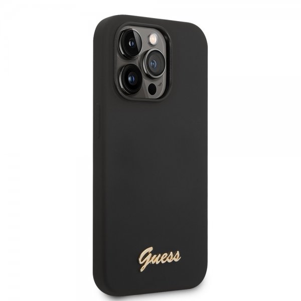Guess iPhone 14 Pro Max Kuori Liquid Silicone Metal Logo Musta