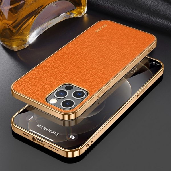 Sulada iPhone 14 Pro Max -suojakuori litsi-kuvioinnilla ja pinnoitetuilla reunoilla, oranssi