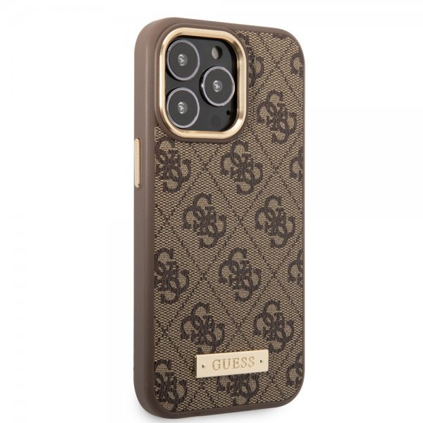 Guess iPhone 14 Pro Max -kuori Metal Plate Logo MagSafe ruskea