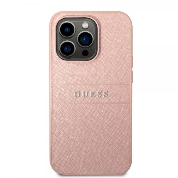 Guess iPhone 14 Pro Max -kuoret Saffiano Metal Logo Stripes, ruusukulta