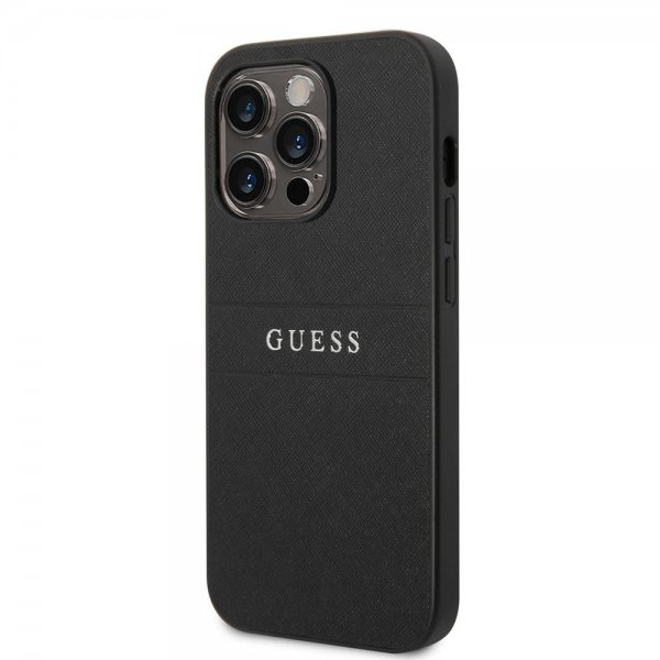 Guess iPhone 14 Pro Max Suojakuori Saffiano Metal Logo Stripes Musta