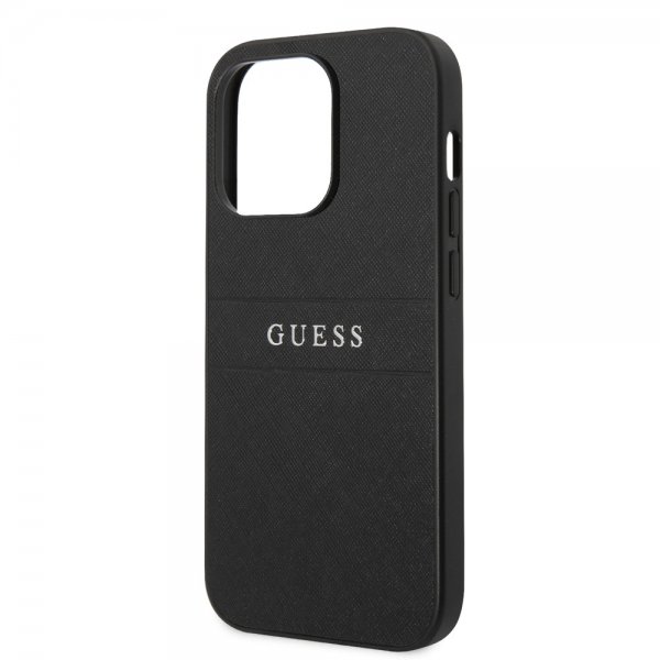 Guess iPhone 14 Pro Max Suojakuori Saffiano Metal Logo Stripes Musta