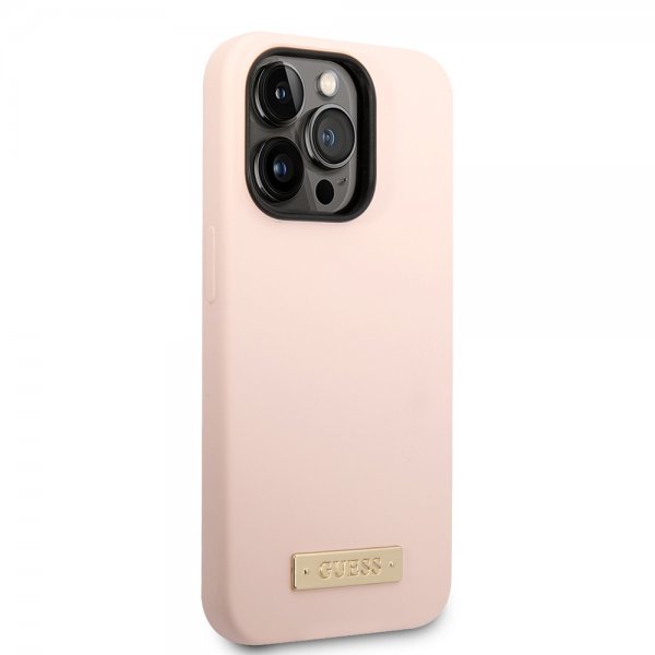 Guess iPhone 14 Pro Max -silikonikuori metallilevyllä MagSafe pinkki
