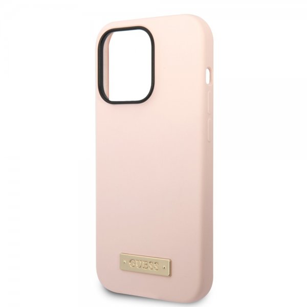 Guess iPhone 14 Pro Max -silikonikuori metallilevyllä MagSafe pinkki