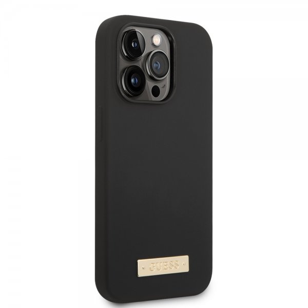 Guess iPhone 14 Pro Max Suojakuori Silikoni Metallilevy MagSafe Musta