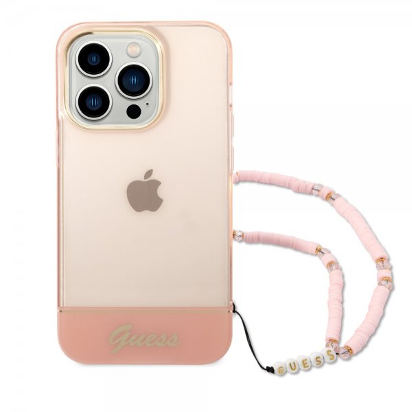 Guess iPhone 14 Pro Max Translucent -suojakuori, jossa hihna, pinkki