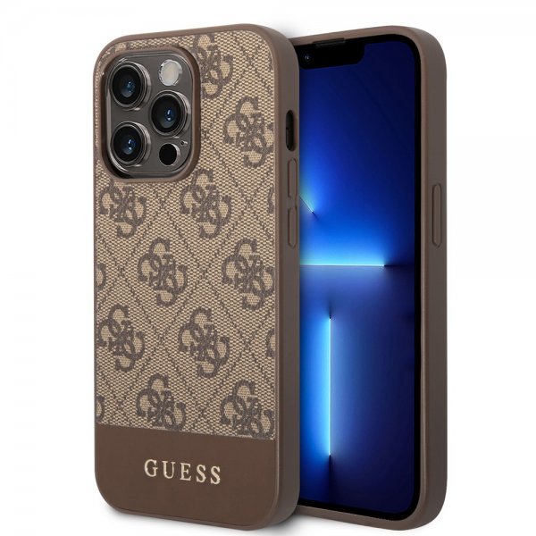 Guess iPhone 14 Pro Kuori Bottom Stripe Metal Logo Ruskea