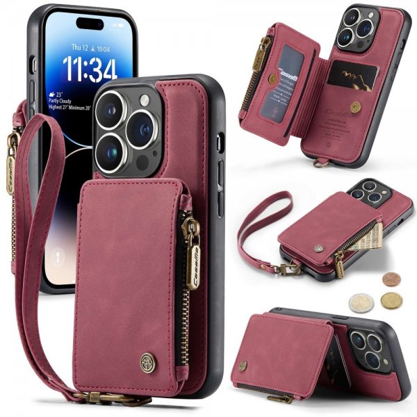 CaseMe iPhone 14 Pro Kuori C20 Korttipaikka Vetoketju Punainen