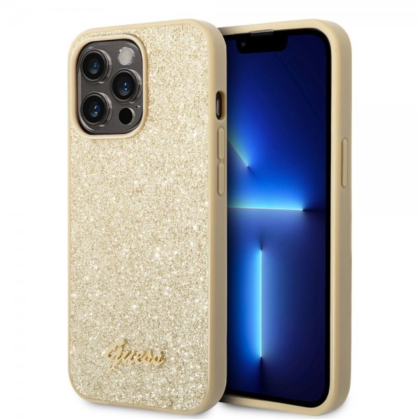 Guess iPhone 14 Pro Kuoret Glitterhiutaleet Metallilogo Kulta