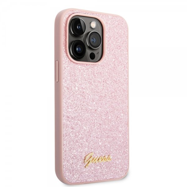 Guess iPhone 14 Pro Kuori Glitter Flakes Metallilogo Ruusukulta