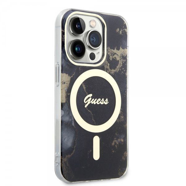 Guess iPhone 14 Pro -kuoret Golden Marble MagSafe, musta