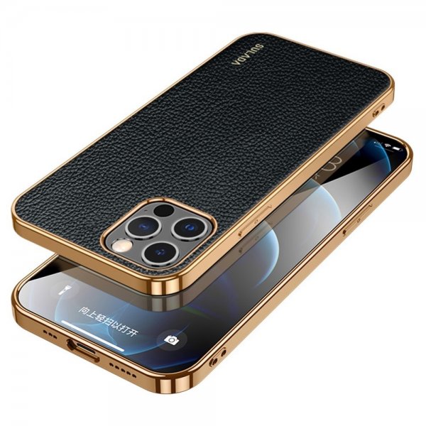 Sulada iPhone 14 Pro -kuori, litsikuvioitu, päällystetyt reunat, musta