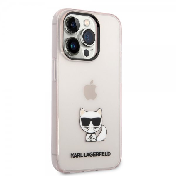 Karl Lagerfeld iPhone 14 Pro -kuori painettu Choupette läpinäkyvä pinkki
