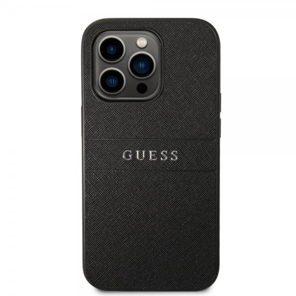 Guess iPhone 14 Pro -suojakuori, Saffiano Metal Logo Stripes, musta