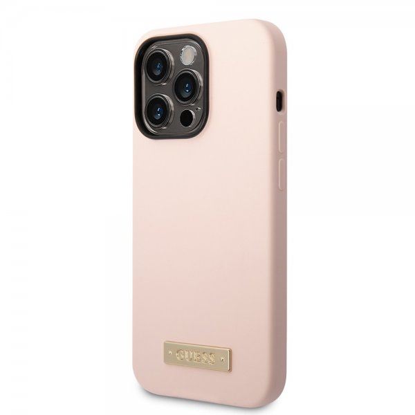 Guess iPhone 14 Pro -silikonikuori, jossa metallilevy ja MagSafe, vaaleanpunainen