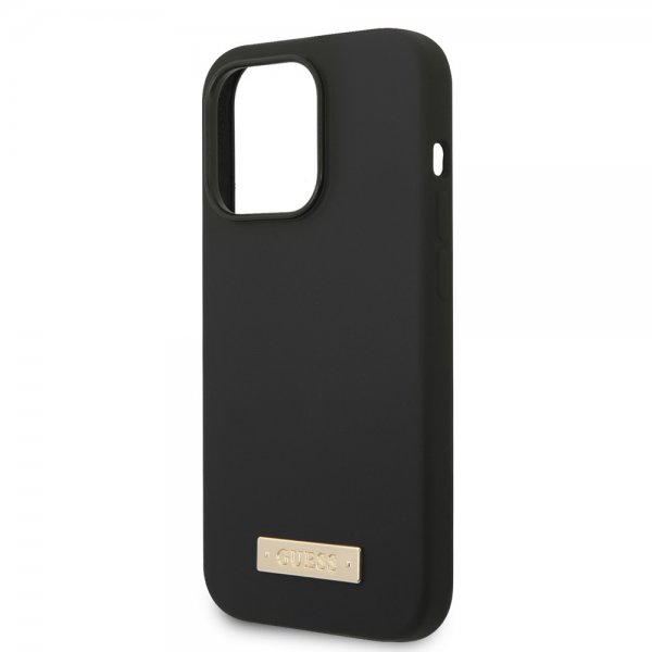 Guess iPhone 14 Pro Kuori Silikoni Metallilevy MagSafe Musta