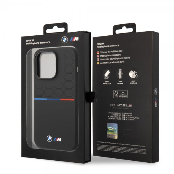 BMW iPhone 14 Pro -suojakuori, Tricolor Line & Logo, musta