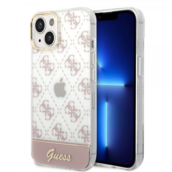 Guess iPhone 14 -suojakuori, Bottom Stripe Script Logo, vaaleanpunainen
