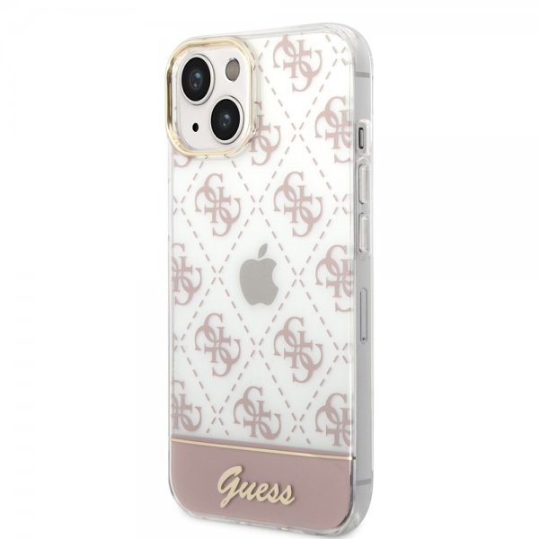 Guess iPhone 14 -suojakuori, Bottom Stripe Script Logo, vaaleanpunainen