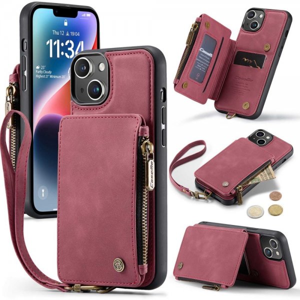 CaseMe iPhone 14 Suojakotelo C20 Korttipaikka Vetoketju Punainen