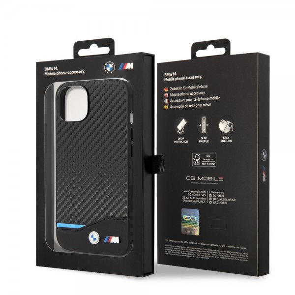 BMW iPhone 14 Suojakuori Carbon Effect Printed Logo Musta