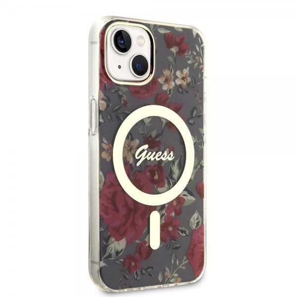 Guess iPhone 14 -suojakuori Flower MagSafe Kaki
