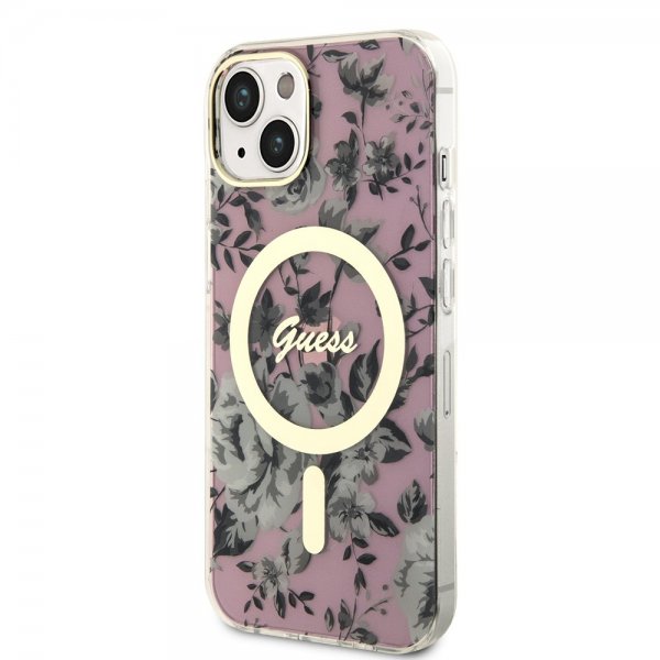 Guess iPhone 14 -suojakuori Flower MagSafe, pinkki