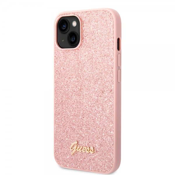 Guess iPhone 14 Suojakuori Glitter Flakes Metal Logo Pinkki