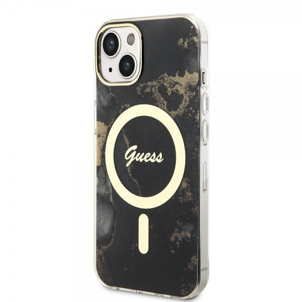 Guess iPhone 14 -suojakuori Golden Marble MagSafe, musta