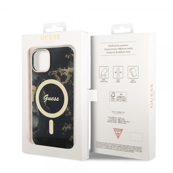 Guess iPhone 14 -suojakuori Golden Marble MagSafe, musta