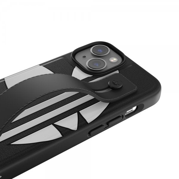 Adidas iPhone 14 -suojakuori, jossa käsihihna, musta-valkoinen