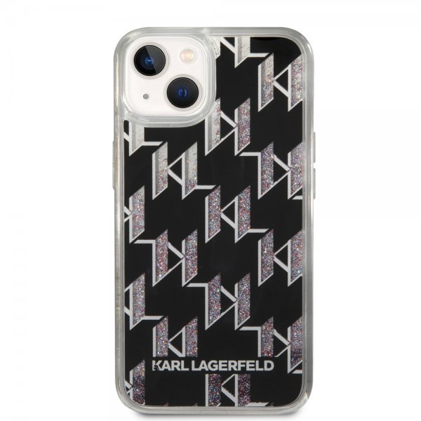 Karl Lagerfeld iPhone 14 -suojakuori, nestemäistä glitteriä, monogrammi, musta
