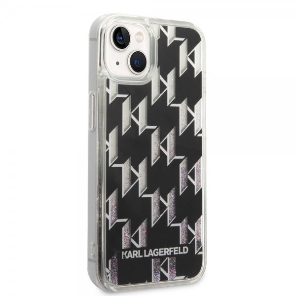 Karl Lagerfeld iPhone 14 -suojakuori, nestemäistä glitteriä, monogrammi, musta