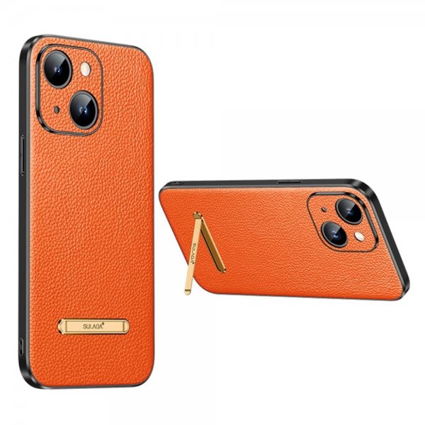 Sulada iPhone 14 -suojakotelo oranssilla jalustalla