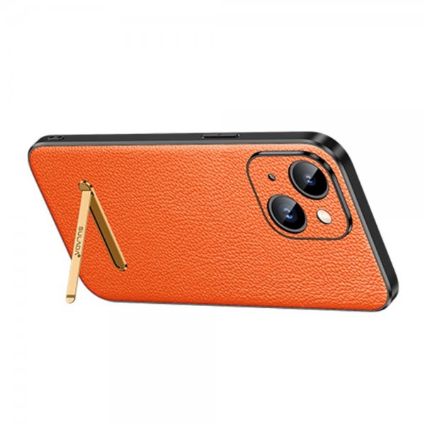 Sulada iPhone 14 -suojakotelo oranssilla jalustalla
